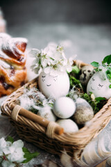 Beautiful Easter white eggs. Easter table decor