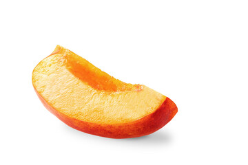 Slice of ripe juicy nectarine on a white background. Copy space