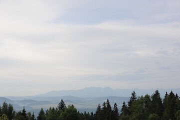 Panorama of mountains  and forested hills with grey sky and clouds in Europe