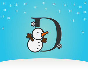 fun and cute letter D snow man decoration with snow flakes winter background