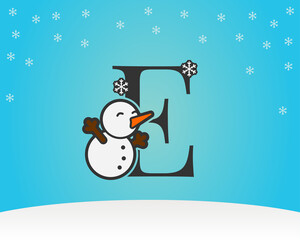 fun and cute letter E snow man decoration with snow flakes winter background