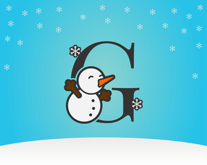 fun and cute letter G snow man decoration with snow flakes winter background