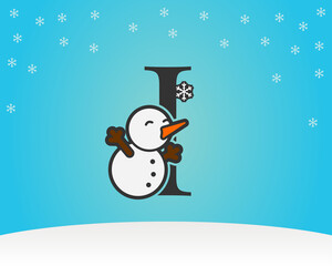 fun and cute letter I snow man decoration with snow flakes winter background