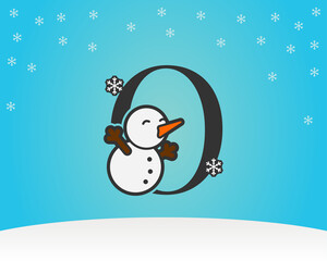 fun and cute letter O snow man decoration with snow flakes winter background