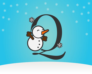 fun and cute letter Q snow man decoration with snow flakes winter background