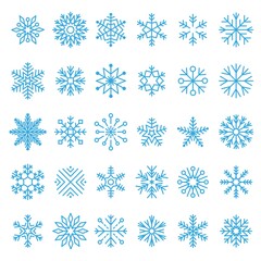 Fototapeta na wymiar Blue snowflakes vector collection. Winter icon set. Trendy line snow pictogram