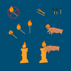 Set a Safe match, and fire. A collection of illustrations of matches and flames with it for a beautiful design. A lot of matches in different States: burned, lit, with flames, day 1 March. Isolated