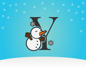 fun and cute letter Y snow man decoration with snow flakes winter background