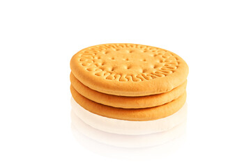 Wheat round cookies on a white background. Biscuits on the table. Morning breakfast cracker snack. Wheat light meal snack in lunch time.