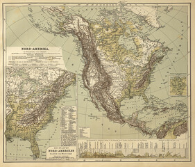 old historical map of North American continent from 1865 - obrazy, fototapety, plakaty