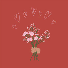 Illustration of a bouquet of flowers. A human hand holds flowers. Clipart on a red background with a bouquet of beautiful flowers. Gifts of flowers for mother's day, daughter's day and women's day