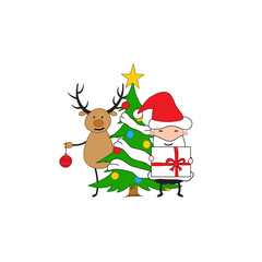 Christmas deer and Santa Claus congratulate on the holiday. Fairy tale characters. Happy New Year. - Vector