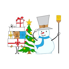 Christmas deer and snowman congratulations on the holiday. Fairy tale characters. Happy New Year. - Vector