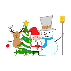 Group of Christmas deer, Snowman and Santa Claus. Fairy tale characters. Happy New Year. - Vector