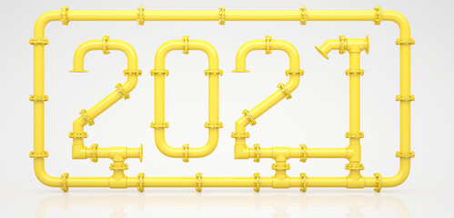 New Year 2021 made of gas pipes surrounded by a frame on a white background. 3D render.