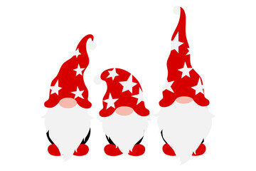 Christmas Gnomes in holiday hats, Scandinavian gnome with decoration in hands, male nordic gnomes, vector Christmas decoration, traditional tomte, elf or dwarf for greetings