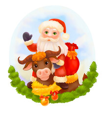 Christmas illustration 2021. Santa sits on a bull and waves his hand. Cute bright postcard or print. Cartoon characters