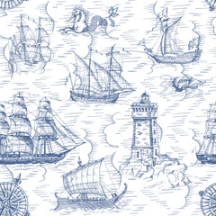 Old caravel, vintage sailboat. Hand drawn vector sketch. Detail of the old geographical maps of sea. Vector seamless pattern