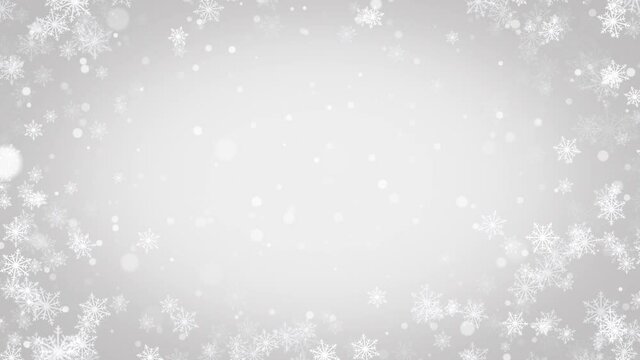 Elegant silver abstract particles with snowflakes. Christmas animated grey border background. Background white glitter - winter theme. 