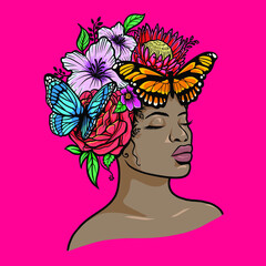 beauty women african american flowers butterfly illustration