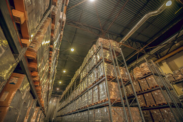 Big warehouse with many cardboard boxes on the shelves