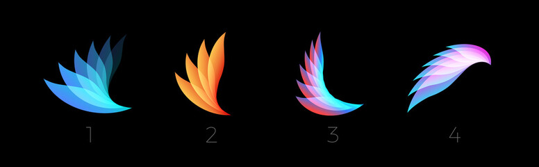 Beauty petals flat cartoon style vector logo set concept. Abstract light gradient wings symbol collection for business and startup. Colored feathers isolated icons on black background. © artyway
