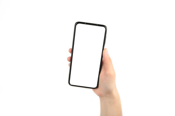 Woman hand holding the black smartphone with blank screen isolated on white background.