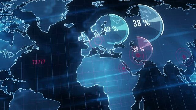 Economy, global business and finance 3d chart animation. Abstract corporate concept of world crisis and recession. Blue globe map on background.