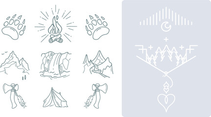 Mountain waterfall and landscape for hiking icons set. Camping logos templates vector design elements and silhouettes set