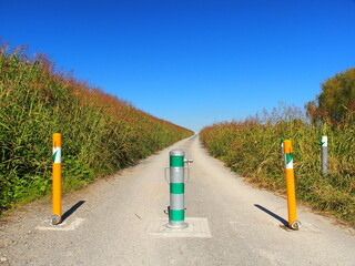 秋の車止めのある土手の坂道
