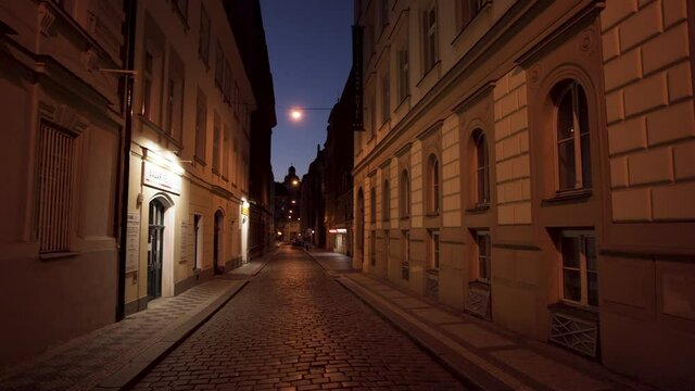Empty narrow street in historical city center of Prague,Czechia,lockdown.