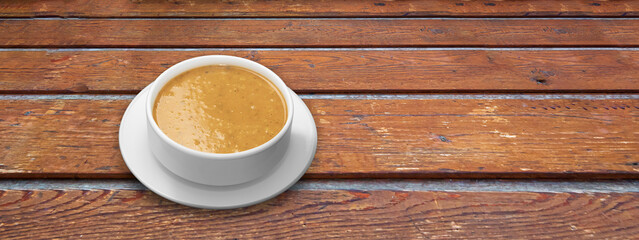top view turkish food, ezogelin soup on wooden table