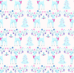 
New Year vector illustration. Christmas deer and Christmas tree decorated with balls in a seamless hand drawn pattern. Snowflakes and toys decorate the deer's antlers. Digtle drawing