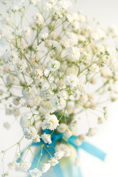 Bouquet gypsophila white tiny flowers with colorful blue vase and ribbon macro © Tanaly