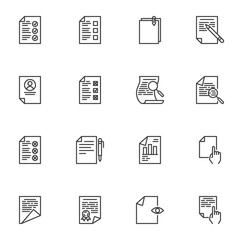 Document list line icons set, outline vector symbol collection, linear style pictogram pack. Signs, logo illustration. Set includes icons checklist with check mark, business graph report, certificate