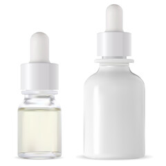 Dropper bottle. White glass serum bottles set mockup. Essential oil flask with eyedropper mock up. Medical vial for collagen liquid, face treatment medicine. Natural aroma product template and pipette