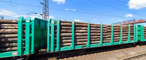 Railway wagons loaded with timber. Horizontally.
