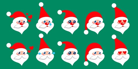 Ten Kawaii Vector Cartoon Flat Santa Claus Emoji Set. Christmas Theme Character Design Elements Isolated.