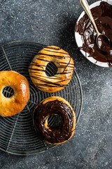 Freshly baked homemade chocolate donuts
