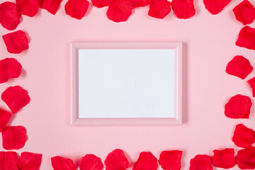 Valentines frame with rose petals, pink flat lay. Birthday, Mothers day, Valentines day background with copy space, mockup