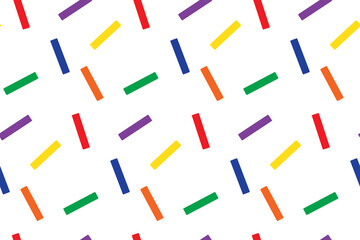 Seamless pattern with colorful sticks. Print for textile, gift wrapping paper, cards, web and design. Celebration style. Christmas presents, confetti. White background with color elements
