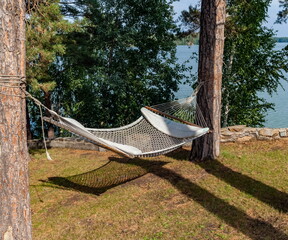 A hammock stretched between two pine trees against a backdrop of trees and a lake in summer