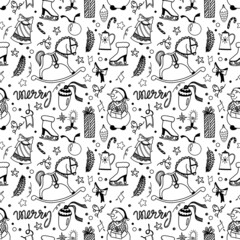 Seamless Christmas pattern with cute characters and holiday elements. Winter doodle background.