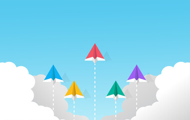 Multi color paper planes flying in the sky concept. Flat style vector illustration