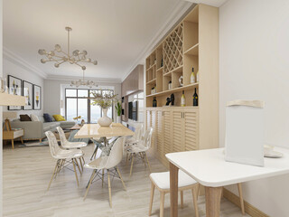 spacious dining room design next to the modern kitchen, with a beautiful dining table and greenery