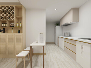 Modern family kitchen design, new cabinets and kitchenware with refrigerators, sunlight from the window.
