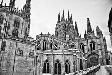 Burgos Cathedral with snow in black and white (Spain)