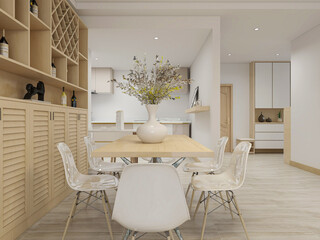 spacious dining room design next to the modern kitchen, with a beautiful dining table and greenery
