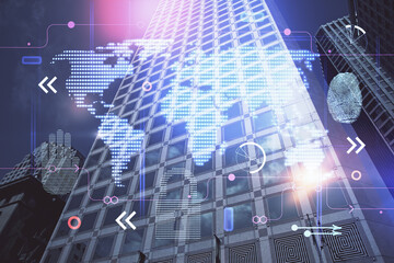 Map and data theme hologram on city view with skyscrapers background double exposure. International technology in business concept.