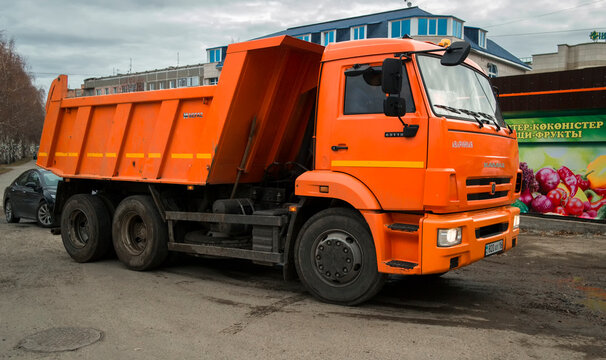 Kazakhstan, Ust-Kamenogorsk, ocoober 25, 2020: Truck KamAZ-65115. Dump truck. Bright kamaz